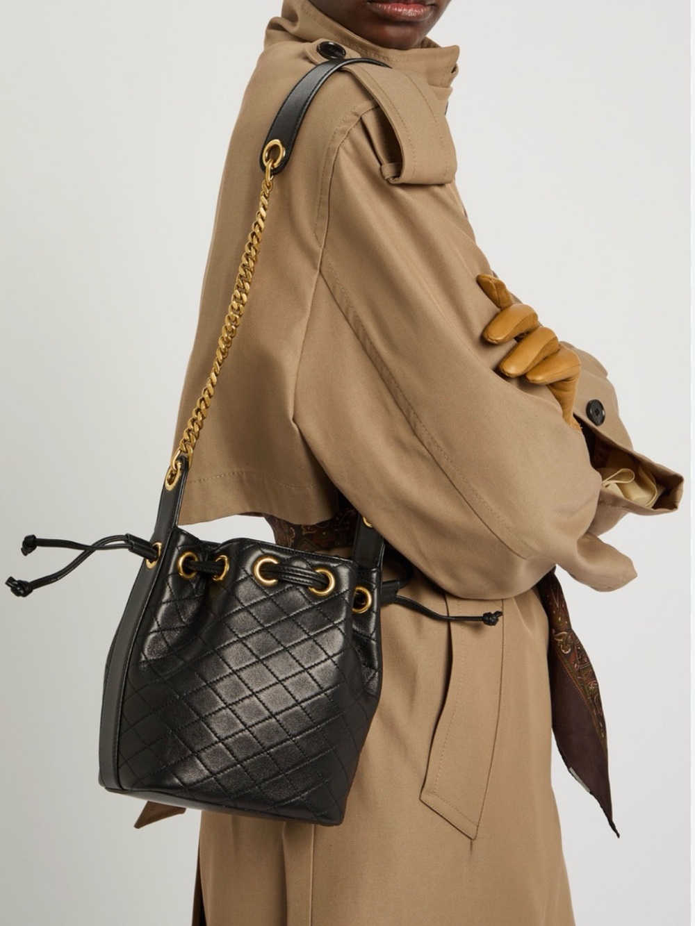 Black Quilted Drawstring Bucket Bag with Gold Chain Strap